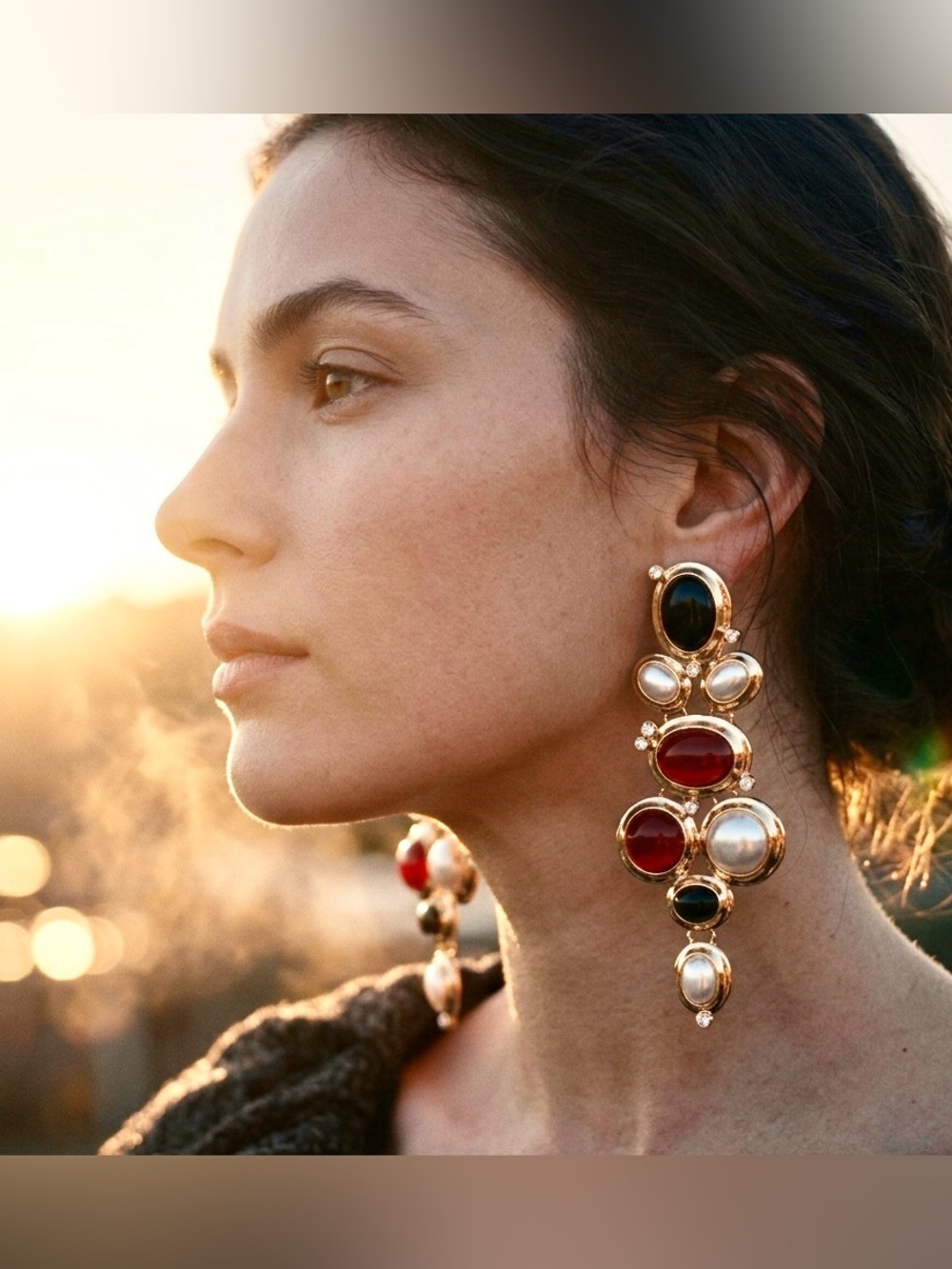 Vintage Glam Statement Earrings | Red, Black & Pearl Drop | Gold Tone